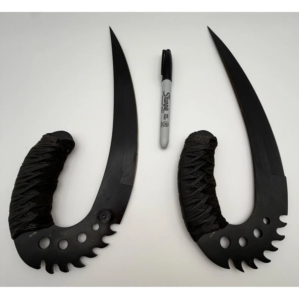 Dual Fantasy Hook Blades Matte Black Serrated Curved Tactical Display Knives Set